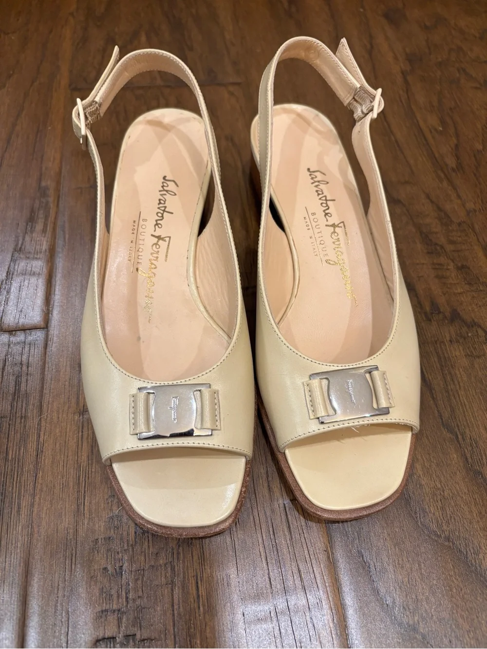 Salvatore Ferragamo Beige Leather Slingback Heels
